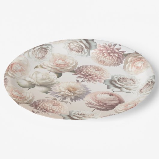 Assiettes En Carton Fleurs blanches crémeuses roses pêche mariage flor (Angle)