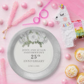 Assiettes En Carton Fleurs blanches d'argent 25e anniversaire Mariage (Fête)
