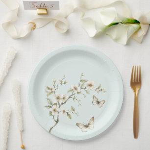 Assiettes En Carton Fleurs Blanches de Menthe Papillons Mariage