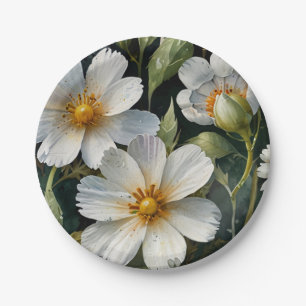 Assiettes En Carton Fleurs Blanches Élégantes Jolies Aquarelle Chic