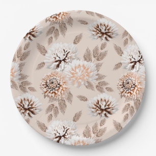 Assiettes En Carton Fleurs blanches et marron sur fond crème.