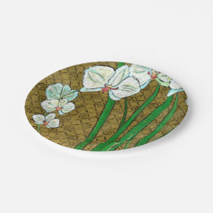 Assiettes En Carton Fleurs blanches et tiges vertes à la frontière