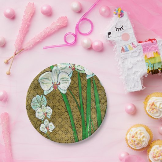 Assiettes En Carton Fleurs blanches et tiges vertes à la frontière Bro (Fête)