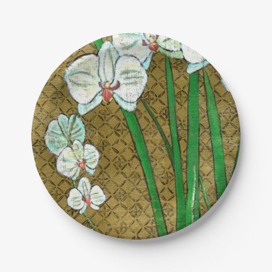 Assiettes En Carton Fleurs blanches et tiges vertes à la frontière Bro (Devant)