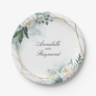 Assiettes En Carton Fleurs blanches et verdure élégante à l'aquarelle