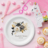 Assiettes En Carton Fleurs blanches noires d'or (Fête)