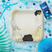 Assiettes En Carton fleurs blanches noires or feuille mariage (Fête)