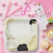 Assiettes En Carton fleurs blanches noires or feuille mariage (Fête)