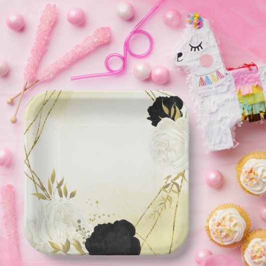 Assiettes En Carton fleurs blanches noires or feuille mariage (Fête)