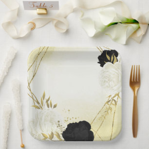 Assiettes En Carton fleurs blanches noires or feuille mariage