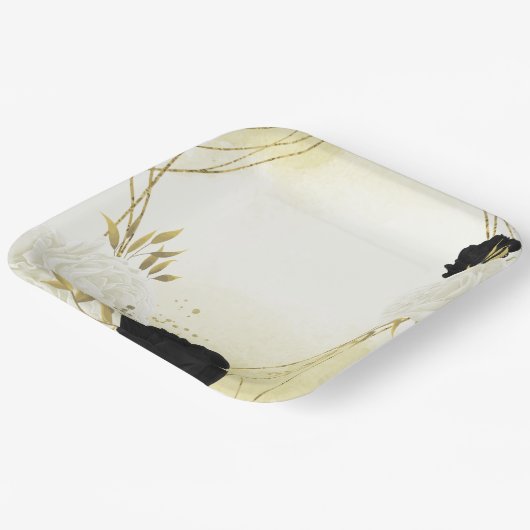 Assiettes En Carton fleurs blanches noires or feuille mariage (Angulaire)