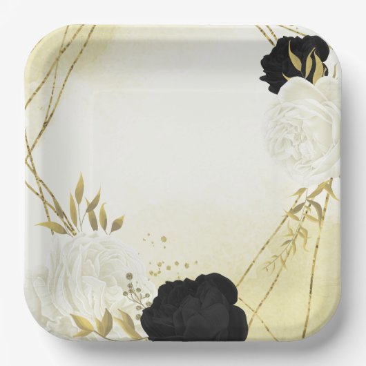 Assiettes En Carton fleurs blanches noires or feuille mariage (Recto)