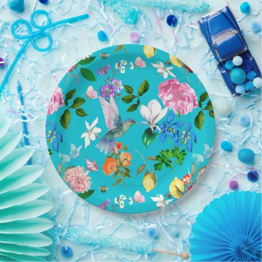 Assiettes En Carton Fleurs blanches, oiseaux, abeilles, citron, papill (Fête)