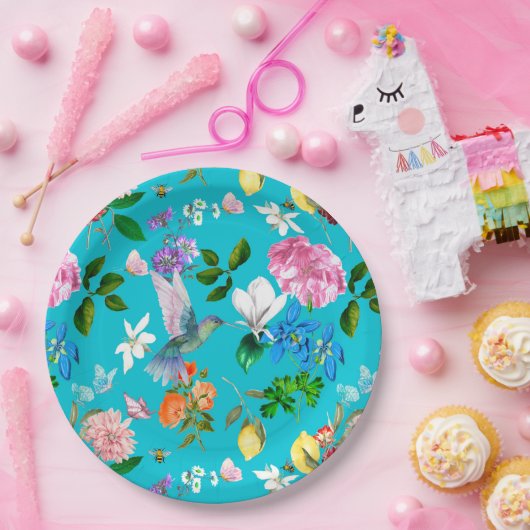 Assiettes En Carton Fleurs blanches, oiseaux, abeilles, citron, papill (Fête)