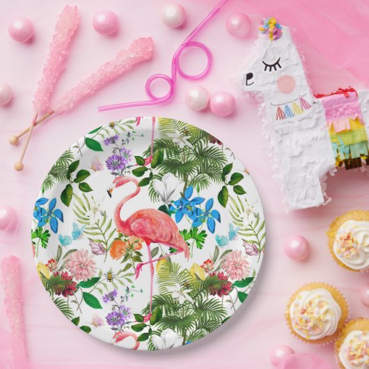 Assiettes En Carton Fleurs blanches, oiseaux, flamants, abeilles, (Fête)