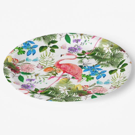 Assiettes En Carton Fleurs blanches, oiseaux, flamants, abeilles, (Angle)