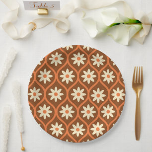 Assiettes En Carton Fleurs blanches rétro sur ogee vintage marron