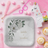 Assiettes En Carton fleurs blanches romantiques & feuilles verts (Fête)