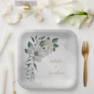 Assiettes En Carton fleurs blanches romantiques & feuilles verts