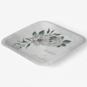Assiettes En Carton fleurs blanches romantiques & feuilles verts (Angulaire)