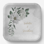 Assiettes En Carton fleurs blanches romantiques & feuilles verts (Recto)
