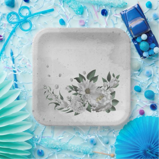 Assiettes En Carton fleurs blanches romantiques & feuilles verts (Fête)