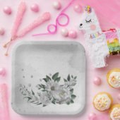 Assiettes En Carton fleurs blanches romantiques & feuilles verts (Fête)