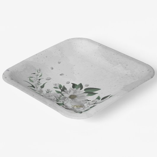 Assiettes En Carton fleurs blanches romantiques & feuilles verts (Angulaire)