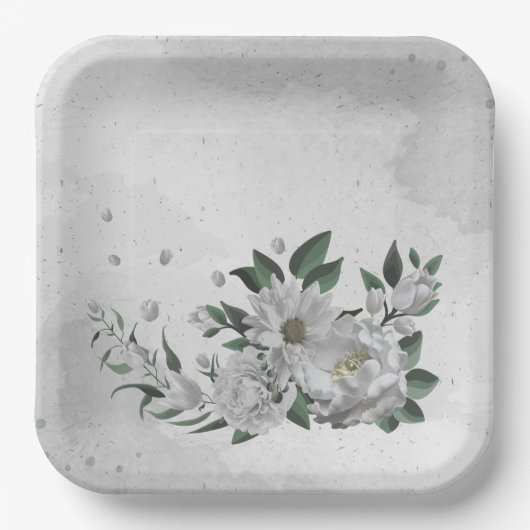 Assiettes En Carton fleurs blanches romantiques & feuilles verts (Recto)