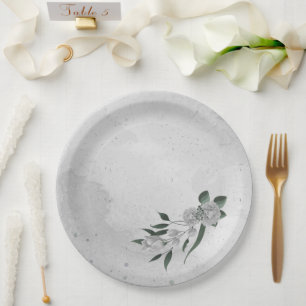 Assiettes En Carton fleurs blanches romantiques & feuilles verts