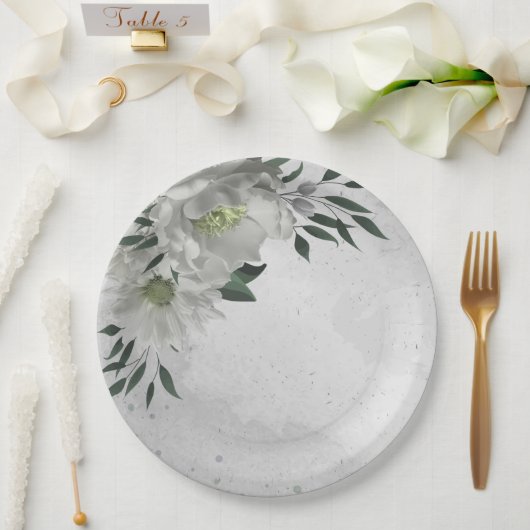 Assiettes En Carton fleurs blanches romantiques & feuilles verts (Mariage)