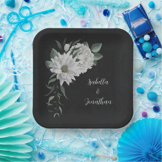 Assiettes En Carton fleurs blanches romantiques & feuilles verts noir (Fête)