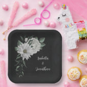 Assiettes En Carton fleurs blanches romantiques & feuilles verts noir (Fête)