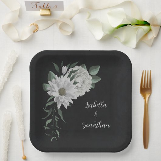 Assiettes En Carton fleurs blanches romantiques & feuilles verts noir (Mariage)