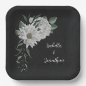 Assiettes En Carton fleurs blanches romantiques & feuilles verts noir (Recto)
