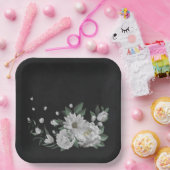 Assiettes En Carton fleurs blanches romantiques & feuilles verts noir (Fête)