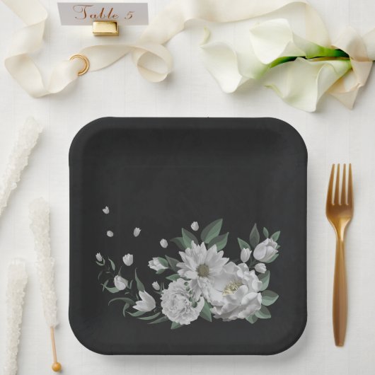 Assiettes En Carton fleurs blanches romantiques & feuilles verts noir (Mariage)