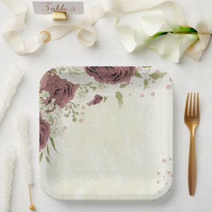 Assiettes En Carton fleurs blanches roses poussiéreuses