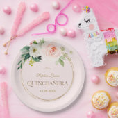 Assiettes En Carton Fleurs blanches roses uniques en or Quinceañera (Fête)