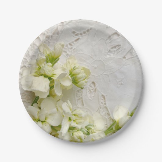 Assiettes En Carton Fleurs blanches sur dentelle ancienne (Devant)