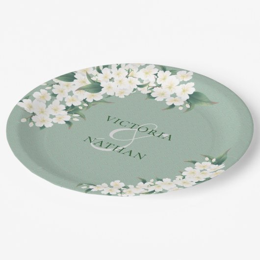 Assiettes En Carton Fleurs blanches sur Mariage Motif de la Chinoiseri (Angle)
