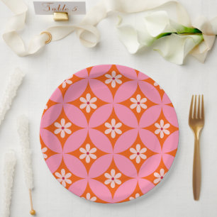 Assiettes En Carton Fleurs blanches sur motif de cercles roses du mili