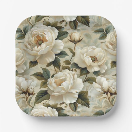 Assiettes En Carton Fleurs blanches sur un arrière - plan crème. (Recto)