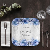 Assiettes En Carton Fleurs bleu argent mariage