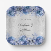 Assiettes En Carton Fleurs bleu argent mariage (Recto)