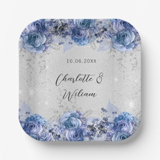 Assiettes En Carton Fleurs bleu argent mariage (Recto)