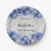 Assiettes En Carton Fleurs bleu argenté (Devant)
