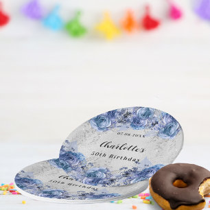 Assiettes En Carton Fleurs bleu argenté