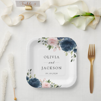 Assiettes En Carton Fleurs Bleu Marine, Fleurs Roses, Mariage Floral