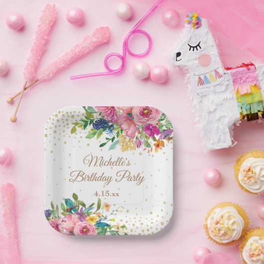 Assiettes En Carton Fleurs bleu rose jaune Anniversaire (Fête)